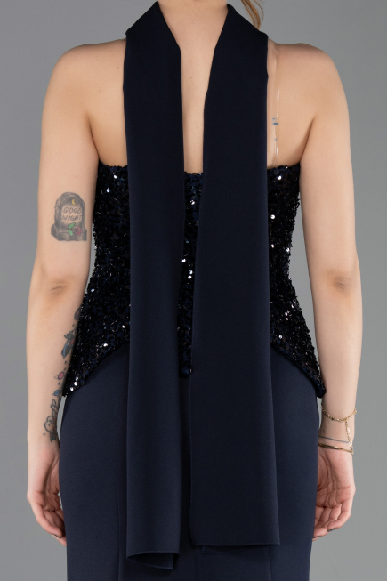 Lacivert Pullu Straplez Peplum Kesim Uzun Balık Abiye ABU5704