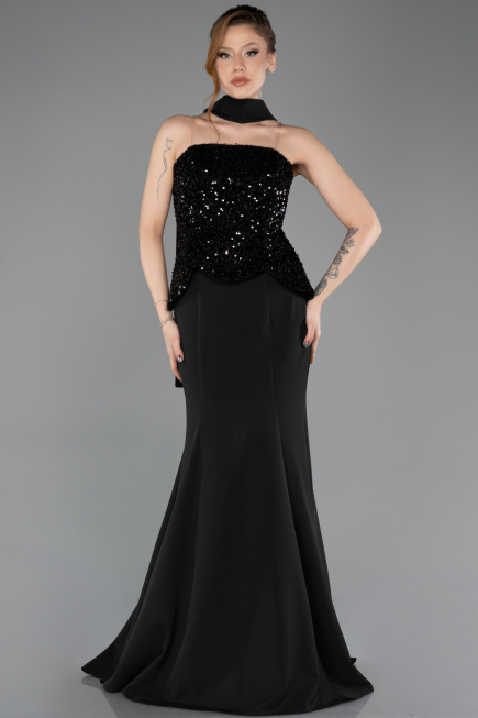 Siyah Pullu Straplez Peplum Kesim Uzun Balık Abiye ABU5704