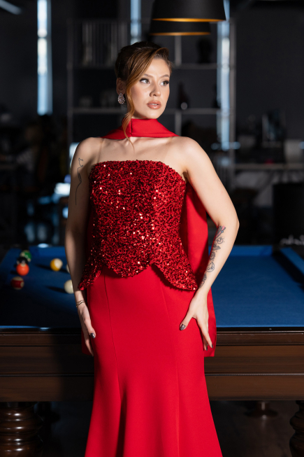 Kırmızı Pullu Straplez Peplum Kesim Uzun Balık Abiye ABU5704