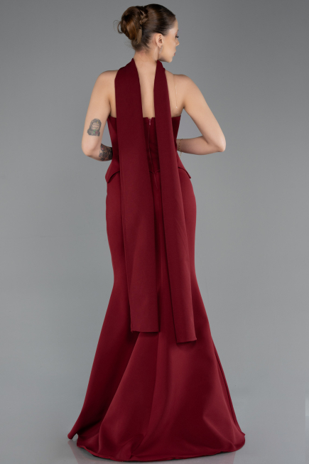 Bordo Straplez Peplum Kesim Uzun Abiye Elbise ABU5735