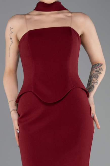 Bordo Straplez Peplum Kesim Uzun Abiye Elbise ABU5735