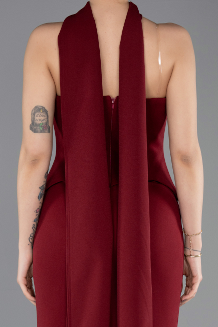 Bordo Straplez Peplum Kesim Uzun Abiye Elbise ABU5735