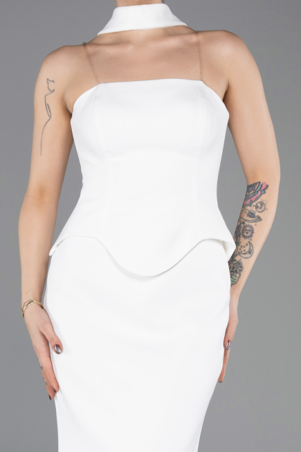Ekru Straplez Peplum Kesim Uzun Abiye Elbise ABU5735