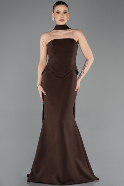Kahve Straplez Peplum Kesim Uzun Abiye Elbise ABU5735