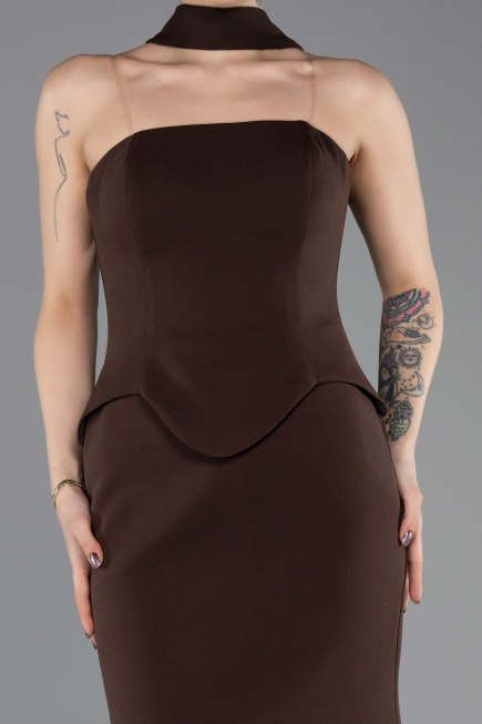 Kahve Straplez Peplum Kesim Uzun Abiye Elbise ABU5735