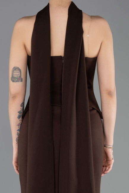Kahve Straplez Peplum Kesim Uzun Abiye Elbise ABU5735