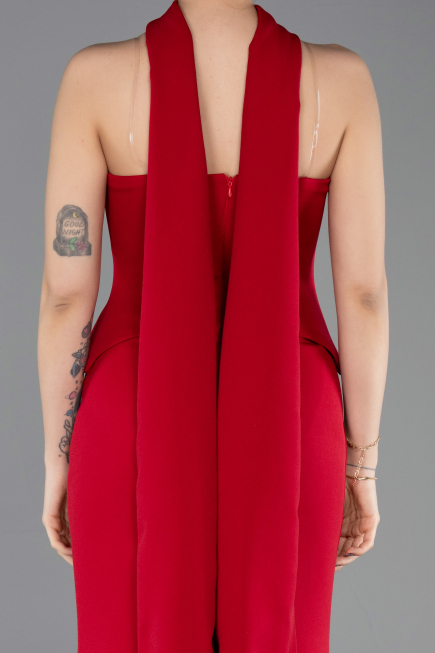 Kırmızı Straplez Peplum Kesim Uzun Abiye Elbise ABU5735