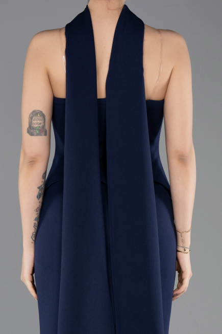 Lacivert Straplez Peplum Kesim Uzun Abiye Elbise ABU5735