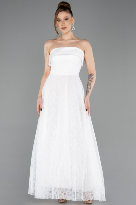 Ekru Straplez Midi Dantel Davet Elbisesi ABK2538
