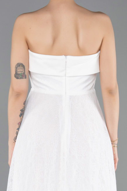 Ekru Straplez Midi Dantel Davet Elbisesi ABK2538