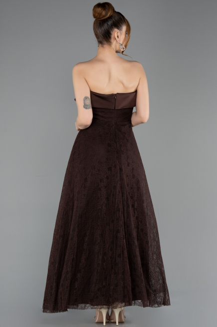 Kahve Straplez Midi Dantel Davet Elbisesi ABK2538