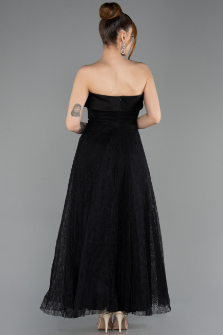 Siyah Straplez Midi Dantel Davet Elbisesi ABK2538