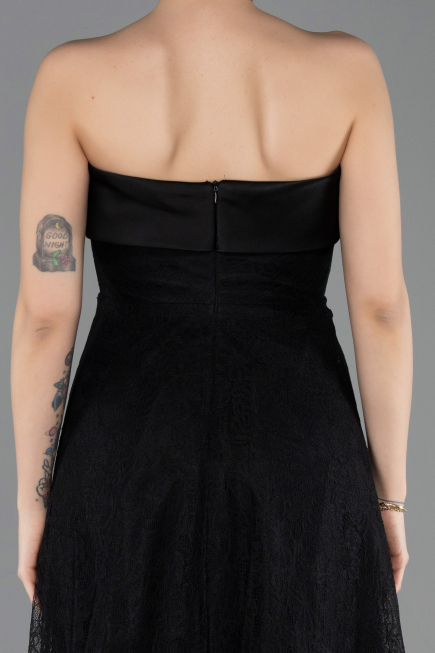 Siyah Straplez Midi Dantel Davet Elbisesi ABK2538