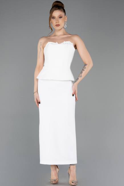Ekru Straplez Peplum Midi Davet Elbisesi ABK2539
