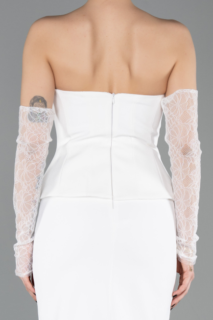 Ekru Straplez Peplum Midi Davet Elbisesi ABK2539