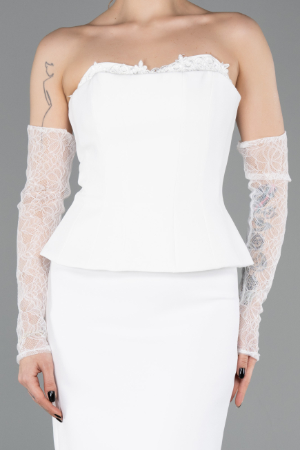Ekru Straplez Peplum Midi Davet Elbisesi ABK2539