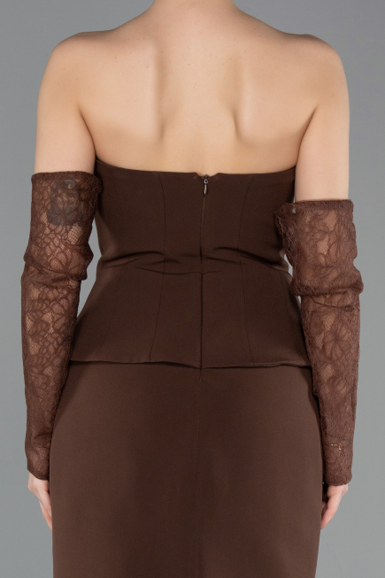 Kahve Straplez Peplum Midi Davet Elbisesi ABK2539