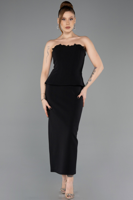 Siyah Straplez Peplum Midi Davet Elbisesi ABK2539
