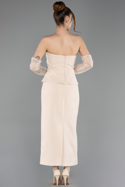 Bej Straplez Peplum Midi Davet Elbisesi ABK2539