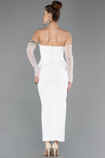 Ekru Straplez Peplum Midi Davet Elbisesi ABK2539
