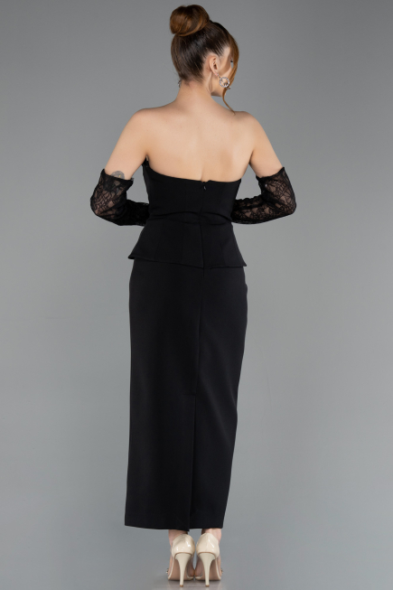 Siyah Straplez Peplum Midi Davet Elbisesi ABK2539