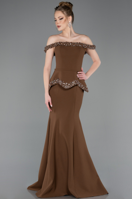 Kahve Taşlı Kayık Yaka Peplum Uzun Özel Tasarım Abiye ABU5758