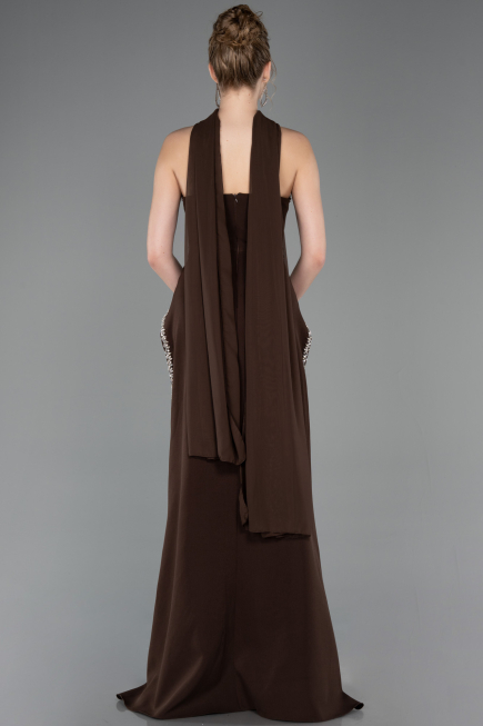 Kahve Taşlı Straplez Yaka Peplum Uzun Kuyruklu Abiye ABU5769