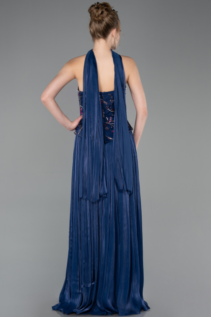 Lacivert Straplez Peplum Kesim Piliseli Uzun Abiye ABU5786