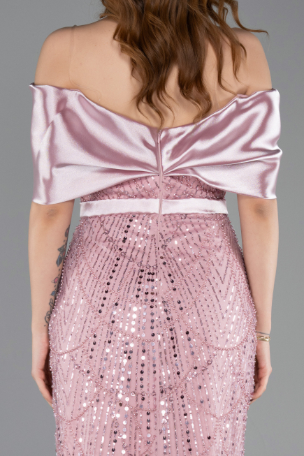 Pudra Saten Kayık Yaka Midi Boncuklu Abiye Elbise ABK2453