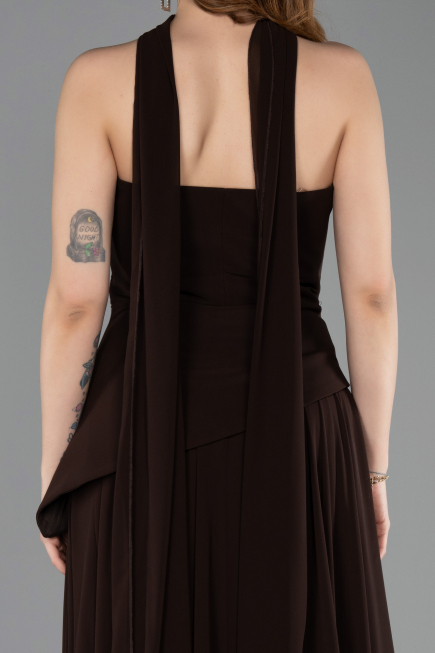 Kahve Straplez Peplum Kesim Uzun Şifon Abiye Elbise ABU5763