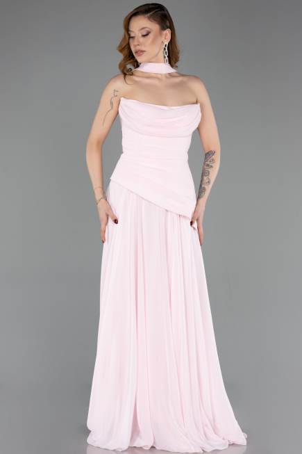 Pudra Straplez Peplum Kesim Uzun Şifon Abiye Elbise ABU5763