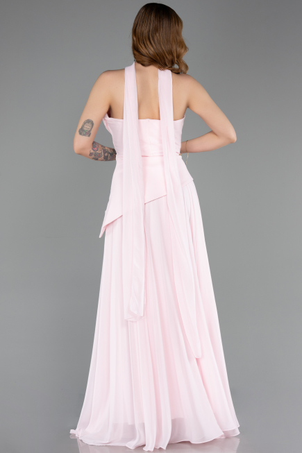 Pudra Straplez Peplum Kesim Uzun Şifon Abiye Elbise ABU5763