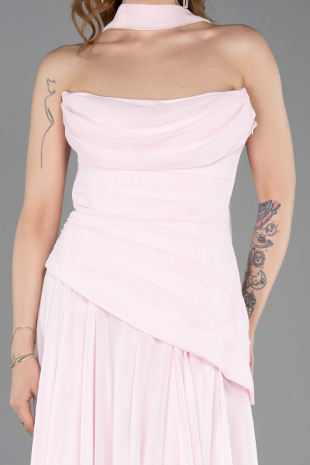 Pudra Straplez Peplum Kesim Uzun Şifon Abiye Elbise ABU5763