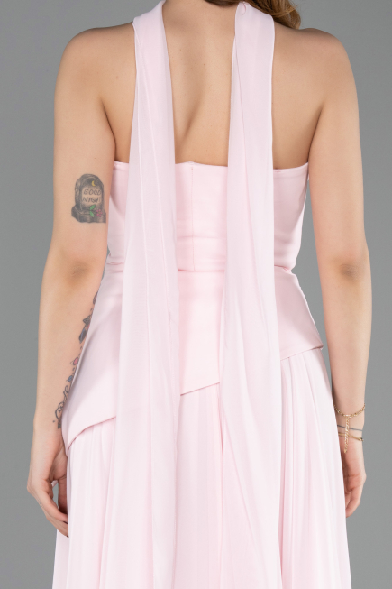 Pudra Straplez Peplum Kesim Uzun Şifon Abiye Elbise ABU5763