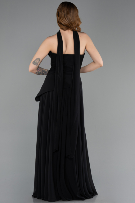 Siyah Straplez Peplum Kesim Uzun Şifon Abiye Elbise ABU5763