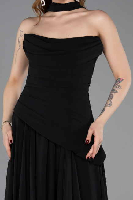 Siyah Straplez Peplum Kesim Uzun Şifon Abiye Elbise ABU5763