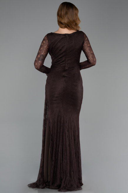 Kahve Uzun Kol Yırtmaçlı Dantel Abiye Elbise ABU5588