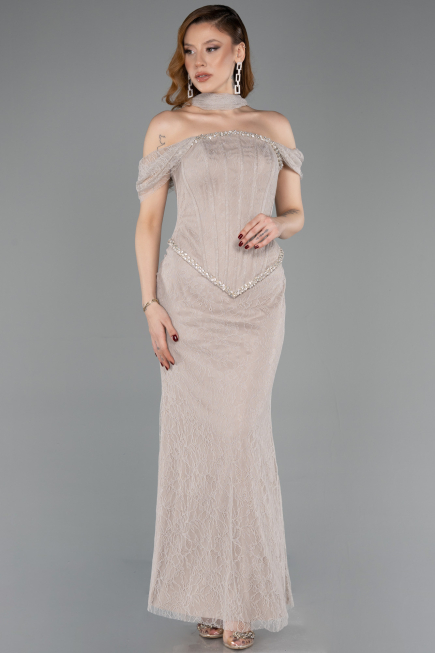 Vizon Balenli Kayık Yaka Peplum Midi Dantel Abiye ABK2548