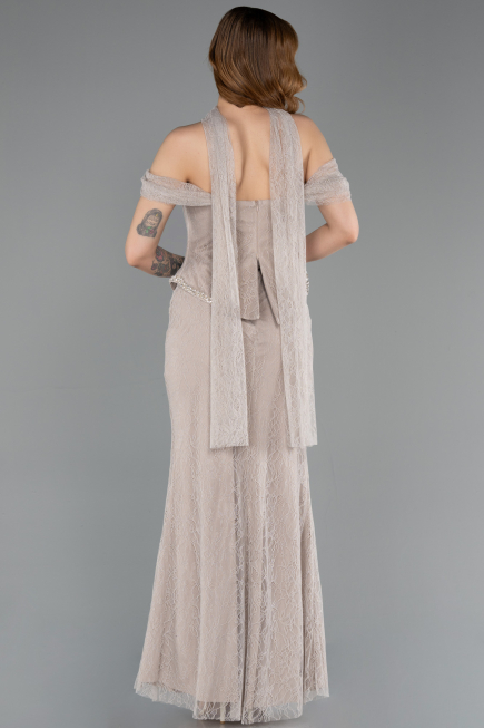 Vizon Balenli Kayık Yaka Peplum Midi Dantel Abiye ABK2548