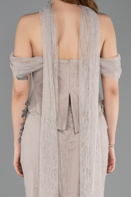 Vizon Balenli Kayık Yaka Peplum Midi Dantel Abiye ABK2548