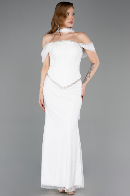 Ekru Balenli Kayık Yaka Peplum Midi Dantel Abiye ABU5839