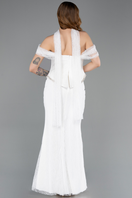 Ekru Balenli Kayık Yaka Peplum Midi Dantel Abiye ABU5839