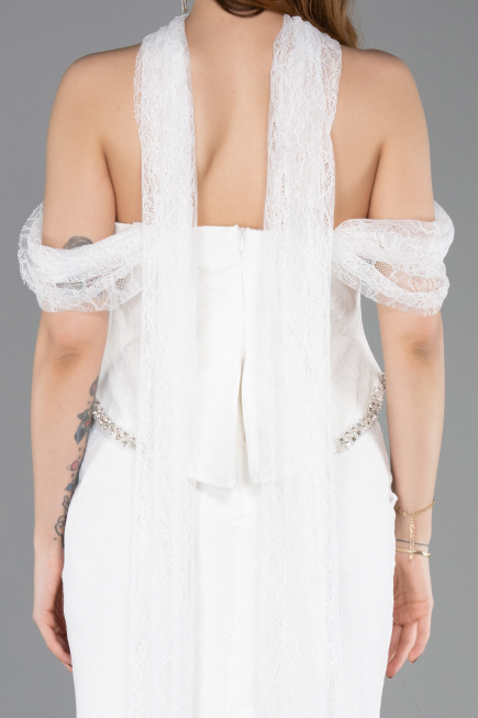 Ekru Balenli Kayık Yaka Peplum Midi Dantel Abiye ABU5839