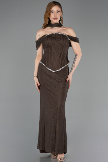 Kahve Balenli Kayık Yaka Peplum Midi Dantel Abiye ABU5839