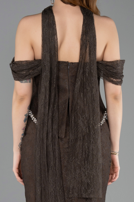 Kahve Balenli Kayık Yaka Peplum Midi Dantel Abiye ABU5839