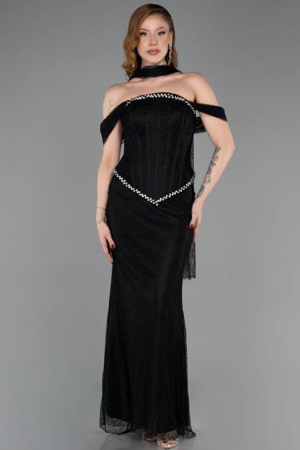 Siyah Balenli Kayık Yaka Peplum Midi Dantel Abiye ABU5839