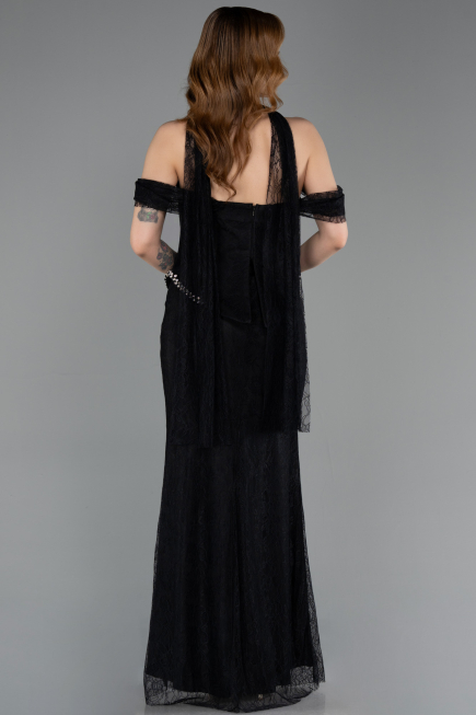Siyah Balenli Kayık Yaka Peplum Midi Dantel Abiye ABU5839