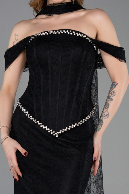 Siyah Balenli Kayık Yaka Peplum Midi Dantel Abiye ABU5839
