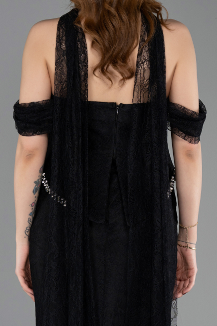 Siyah Balenli Kayık Yaka Peplum Midi Dantel Abiye ABU5839