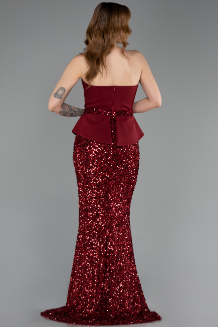 Bordo Asimetrik Straplez Yaka Peplum Uzun Pullu Abiye ABU5654